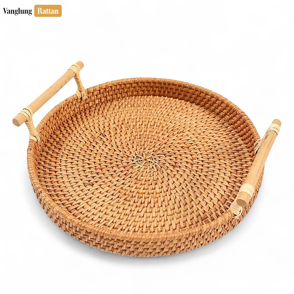 Round Bamboo Dowel Handles Straw Rattan Serving Tray with Natural Wicker Weave - STRO011007 - 🌿 Round Bamboo Dowel Handles Straw Rattan Serving Tray with Natural Wicker Weave - STRO011007