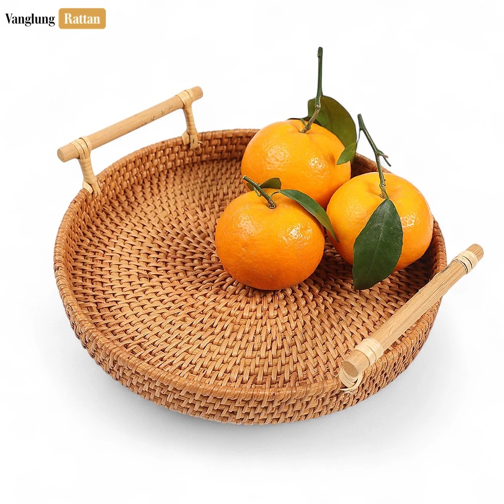 Round Bamboo Dowel Handles Straw Rattan Serving Tray with Natural Wicker Weave - STRO011007 - 🍽️ Applications