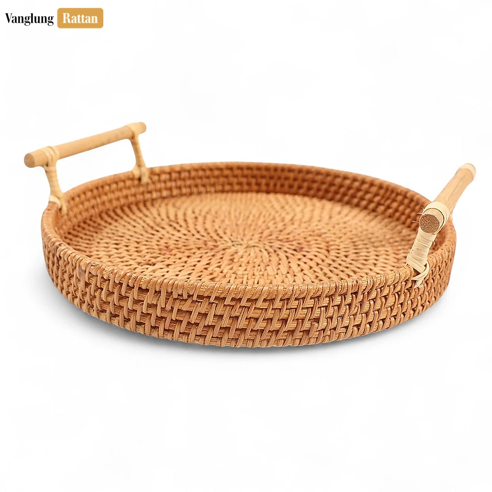 Round Bamboo Dowel Handles Straw Rattan Serving Tray with Natural Wicker Weave - STRO011007 - ✨ Product Highlights