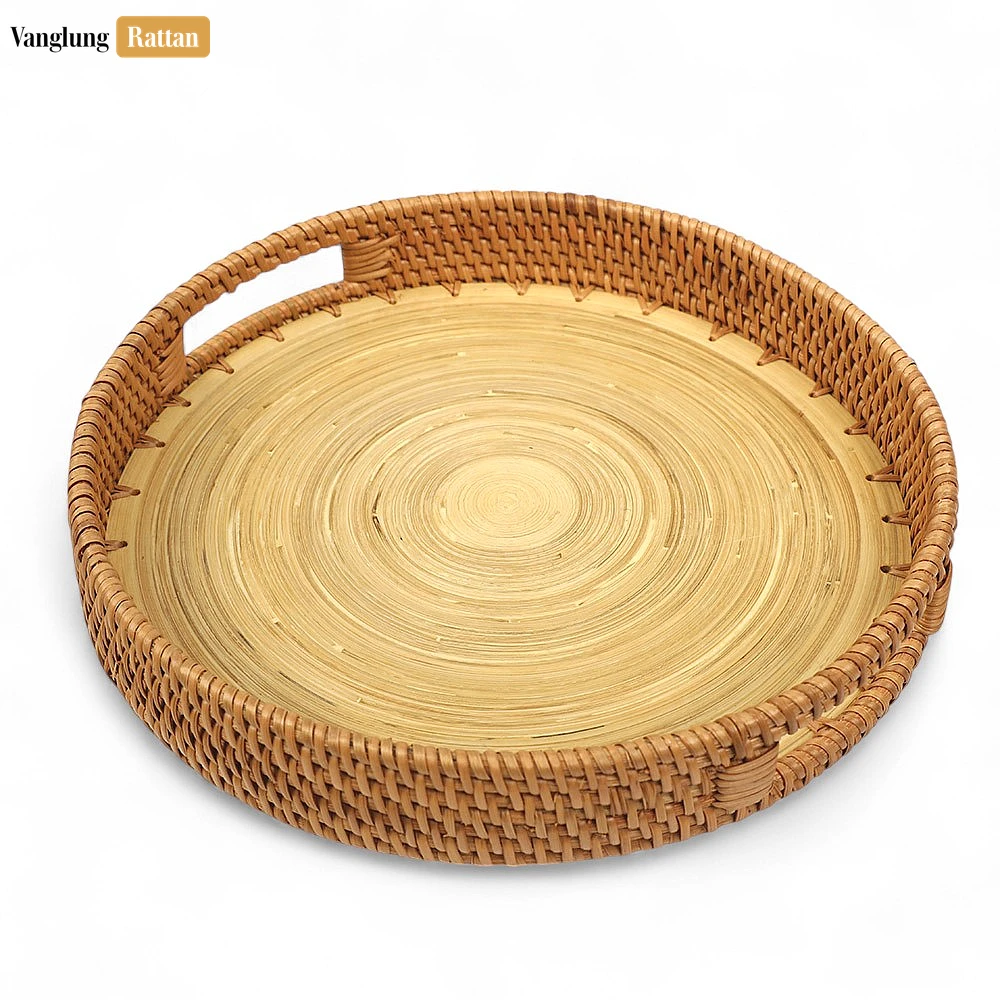 Round Handles Straw Rattan Serving Tray with Coiled Bamboo Base - STRO011008 - 🌿 Round Handles Straw Rattan Serving Tray with Coiled Bamboo Base - STRO011008