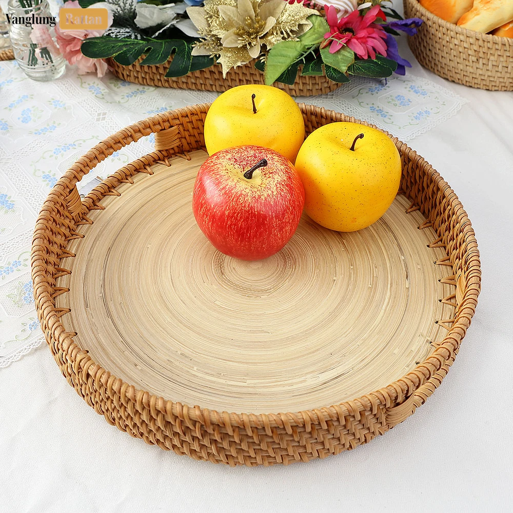 Round Handles Straw Rattan Serving Tray with Coiled Bamboo Base - STRO011008 - 🎯 Applications