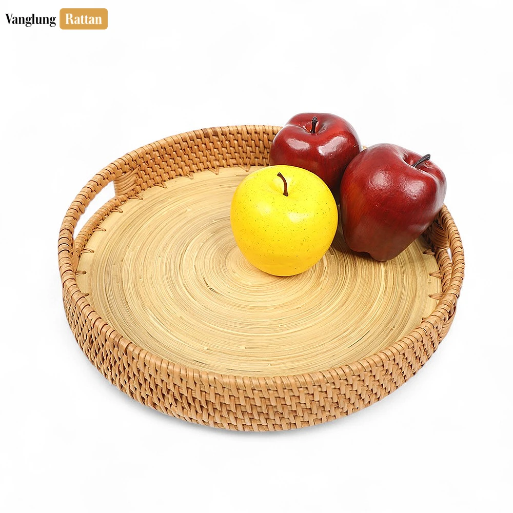 Round Handles Straw Rattan Serving Tray with Coiled Bamboo Base - STRO011008 - Q: How do I clean and maintain my straw rattan serving tray?