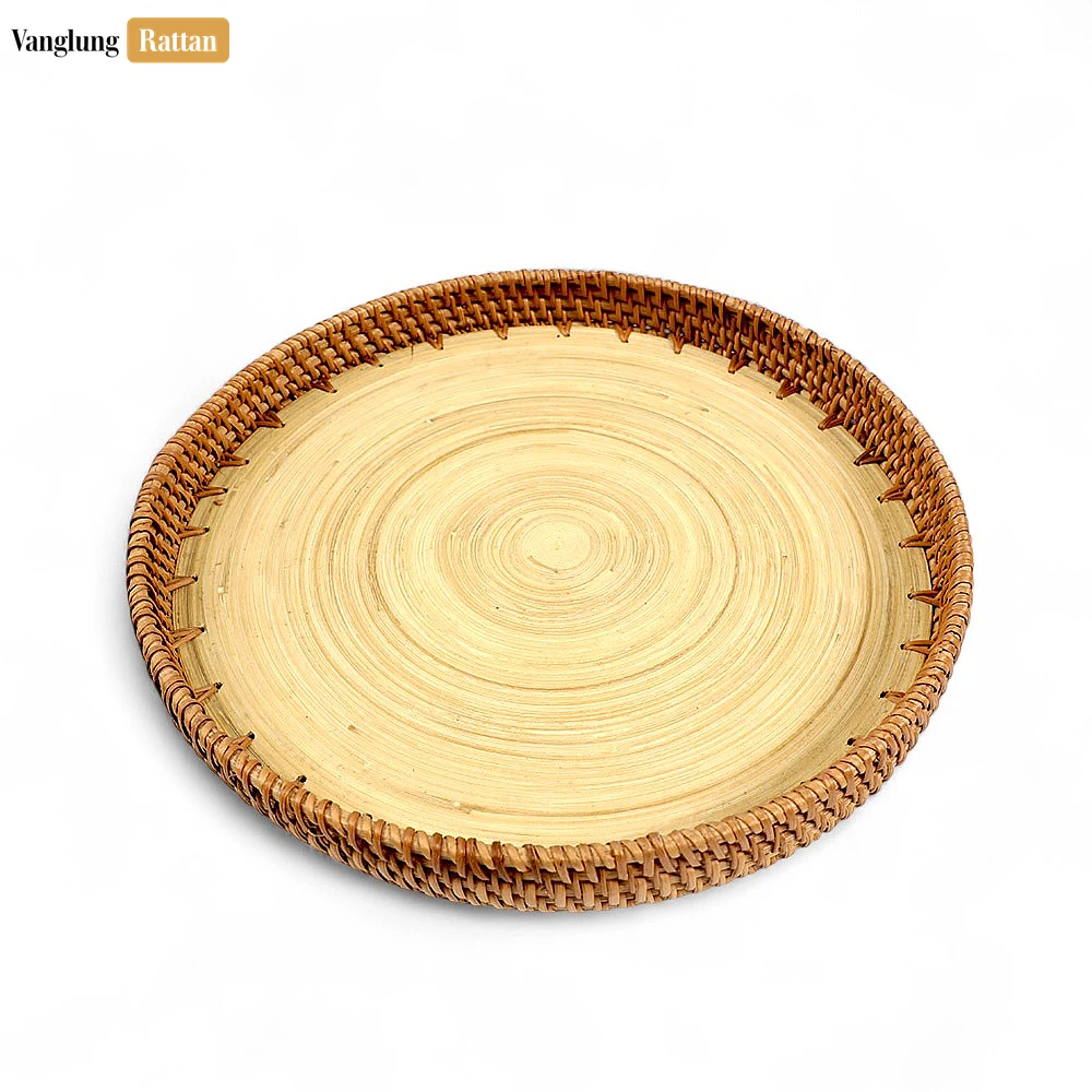 Round Handless Straw Rattan Serving Tray with Coiled Bamboo Base - STRO011009 - 🌿 Round Handless Straw Rattan Serving Tray with Coiled Bamboo Base - STRO011009