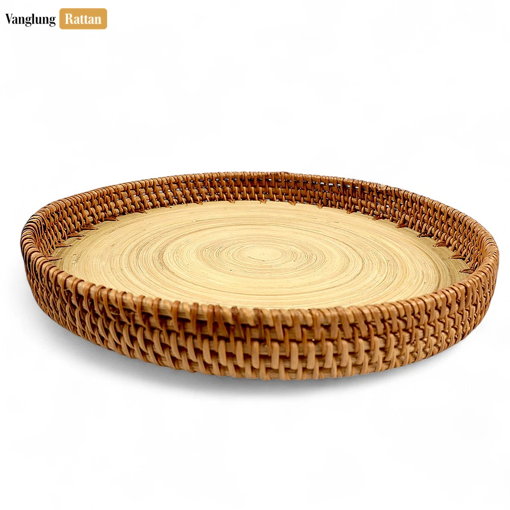 Round Handless Straw Rattan Serving Tray with Coiled Bamboo Base - STRO011009 - ✨ Product Highlights