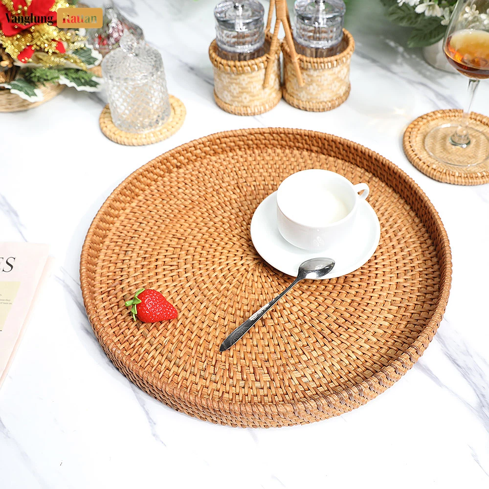 Round Handless Straw Rattan Serving Tray with Natural Wicker Weave - STRO011006 - 🍽️ Applications