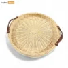 Round Handmade Core Rattan Serving Tray with Brown Leather Strap Handles - ST03HQ1001-1.webp