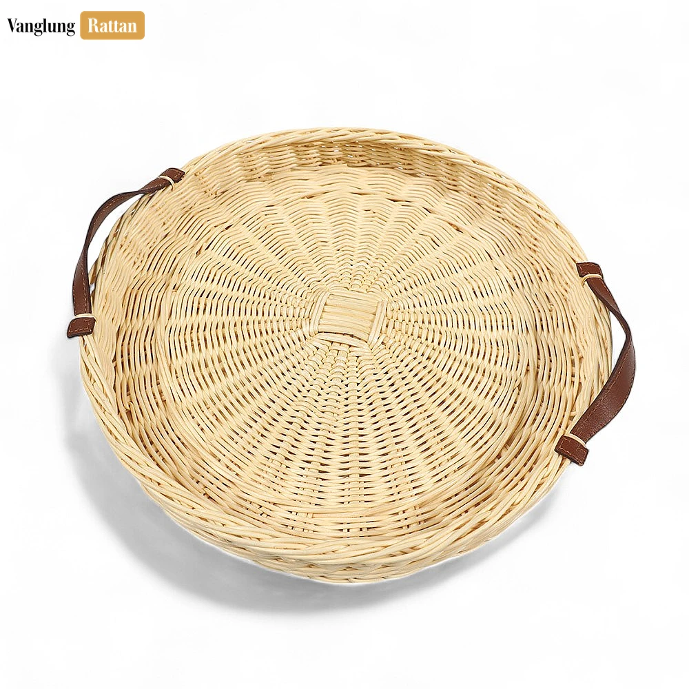 Round Handmade Core Rattan Serving Tray with Brown Leather Strap Handles - ST03HQ1001 - Round Handmade Core Rattan Serving Tray with Brown Leather Strap Handles - ST03HQ1001