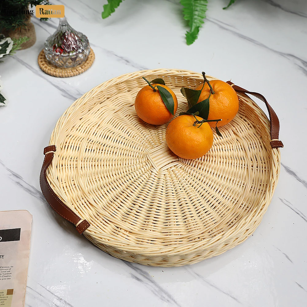 Round Handmade Core Rattan Serving Tray with Brown Leather Strap Handles - ST03HQ1001 - 🎯 Applications