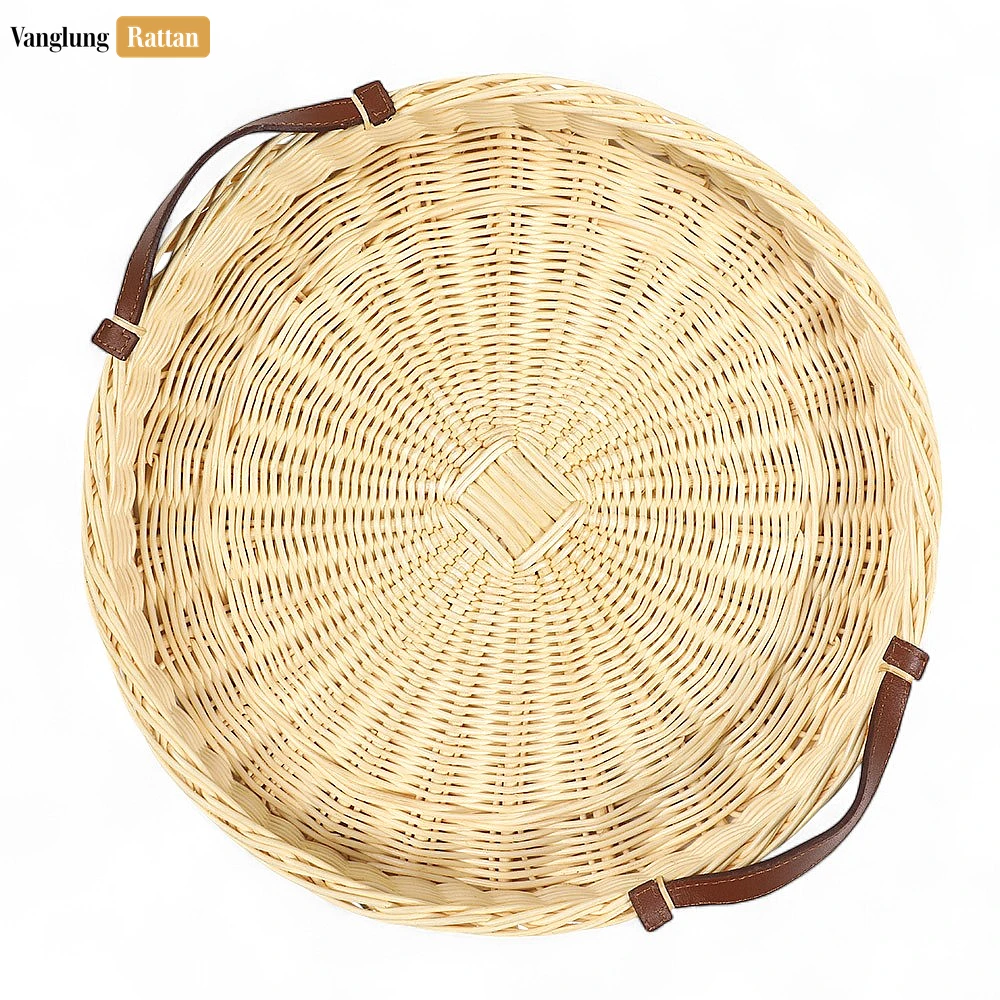 Round Handmade Core Rattan Serving Tray with Brown Leather Strap Handles - ST03HQ1001 - 🏆 Why Choose VanglungRattan