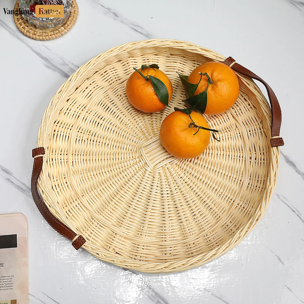 Round Handmade Core Rattan Serving Tray with Brown Leather Strap Handles - ST03HQ1001 - Q: How do I properly care for my natural rattan serving tray?