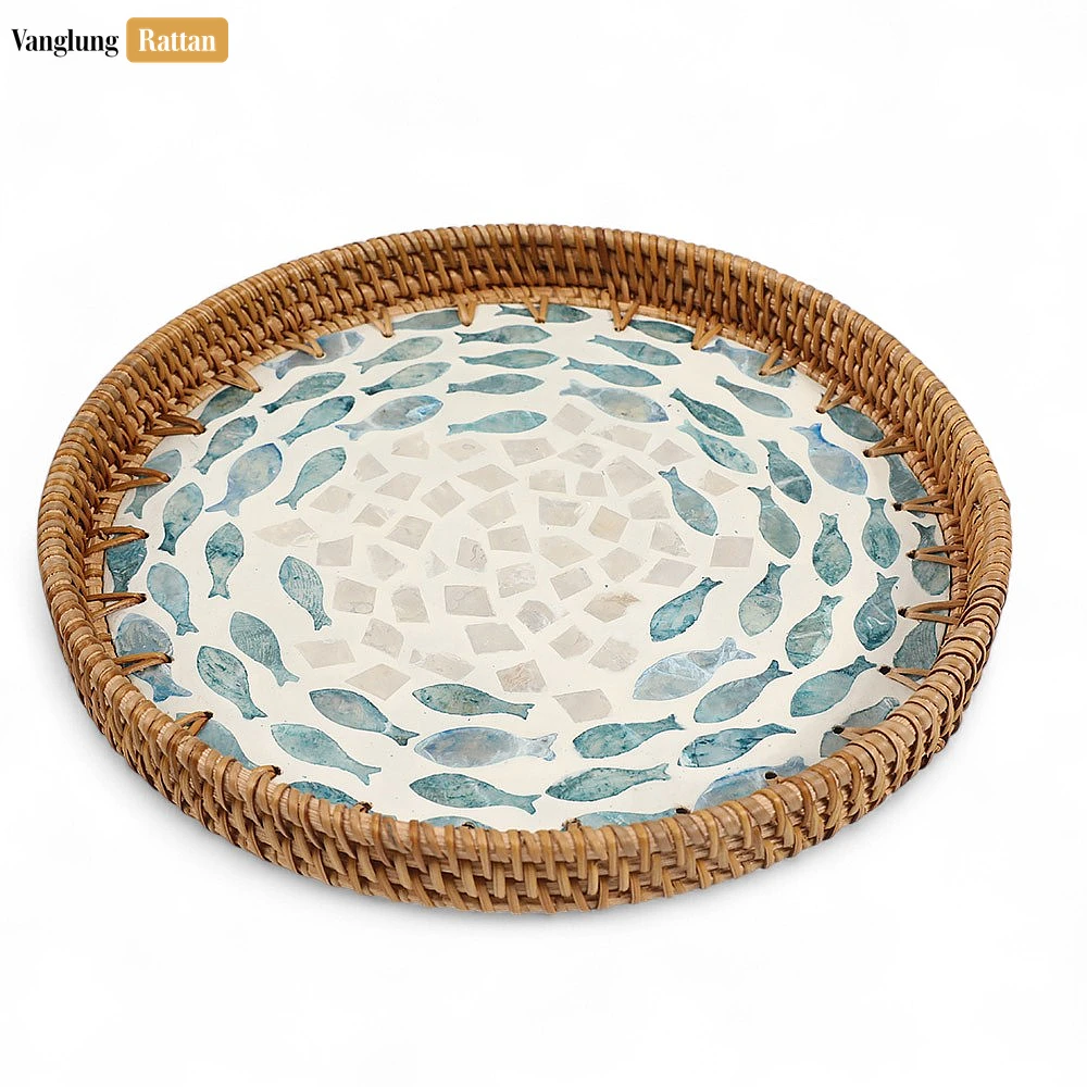Round Handmade Mother of Pearl Rattan Serving Tray  with Blue Fish Mother of Pearl Mosaic Inlay - STRO01200306 - 🌊 Round Handmade Mother of Pearl Rattan Serving Tray with Blue Fish Mother of Pearl Mosaic Inlay - STRO01200306