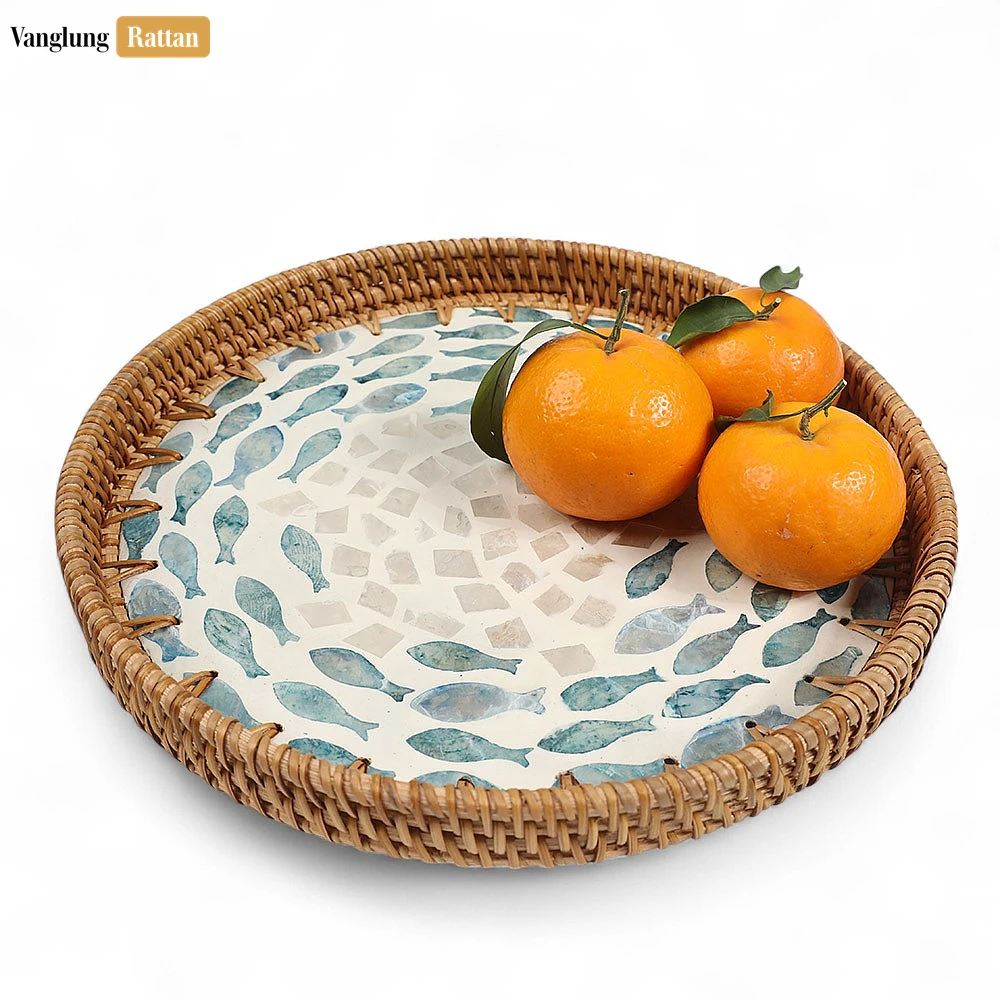 Round Handmade Mother of Pearl Rattan Serving Tray  with Blue Fish Mother of Pearl Mosaic Inlay - STRO01200306 - 🍽 Applications