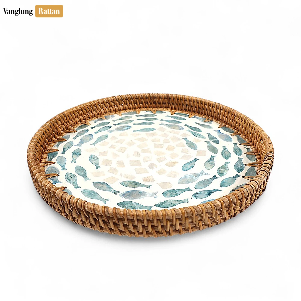Round Handmade Mother of Pearl Rattan Serving Tray  with Blue Fish Mother of Pearl Mosaic Inlay - STRO01200306 - ✨ Product Highlights