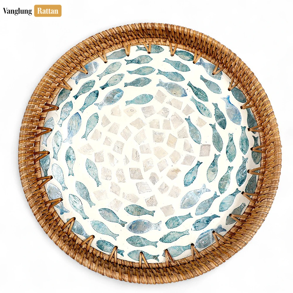 Round Handmade Mother of Pearl Rattan Serving Tray  with Blue Fish Mother of Pearl Mosaic Inlay - STRO01200306 - 🏆 Why Should You Buy Products at VanglungRattan