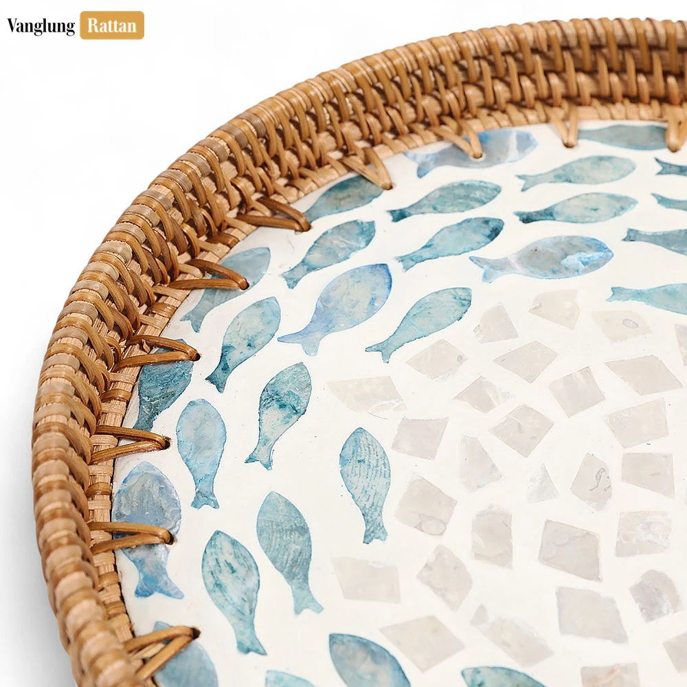 Round Handmade Mother of Pearl Rattan Serving Tray  with Blue Fish Mother of Pearl Mosaic Inlay - STRO01200306 - ❓ Frequently Asked Questions