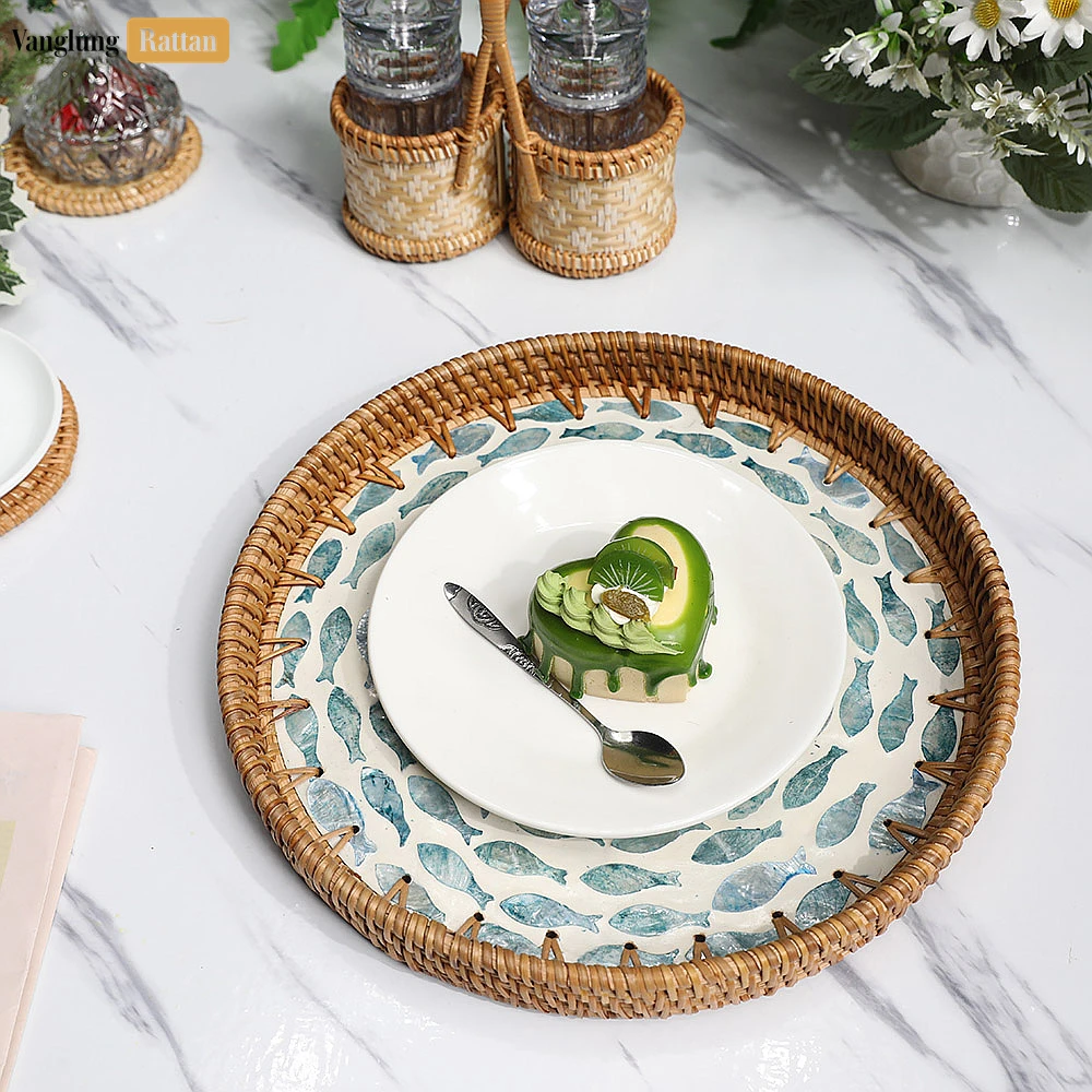 Round Handmade Mother of Pearl Rattan Serving Tray  with Blue Fish Mother of Pearl Mosaic Inlay - STRO01200306 - Q: How do I properly care for my mother of pearl rattan serving tray?