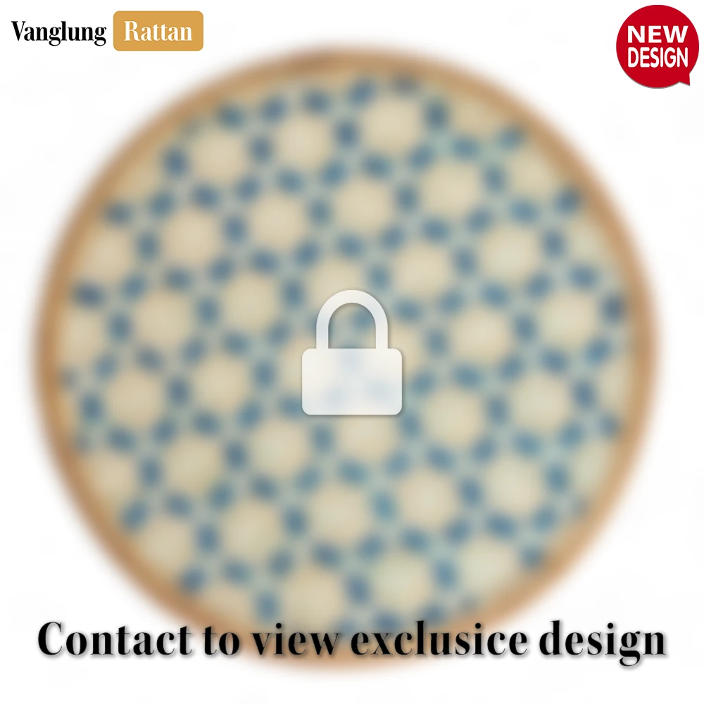 Round Natural Handwoven Bamboo Rattan Placemat with Blue Lattice Pattern - UP054010-B - Round Natural Handwoven Bamboo Rattan Placemat with Blue Lattice Pattern - UP054010-B