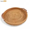 Round Handwoven Straw Rattan Serving Tray with Tan Leather Strap Handles - STRO011000-1.webp