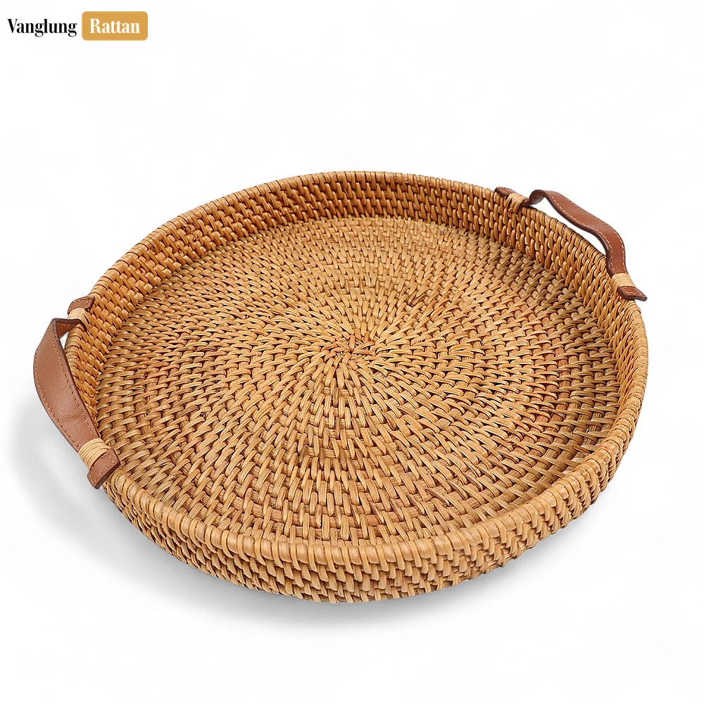 Round Handwoven Straw Rattan Serving Tray with Tan Leather Strap Handles - STRO011000 - Round Handwoven Straw Rattan Serving Tray with Tan Leather Strap Handles - STRO011000
