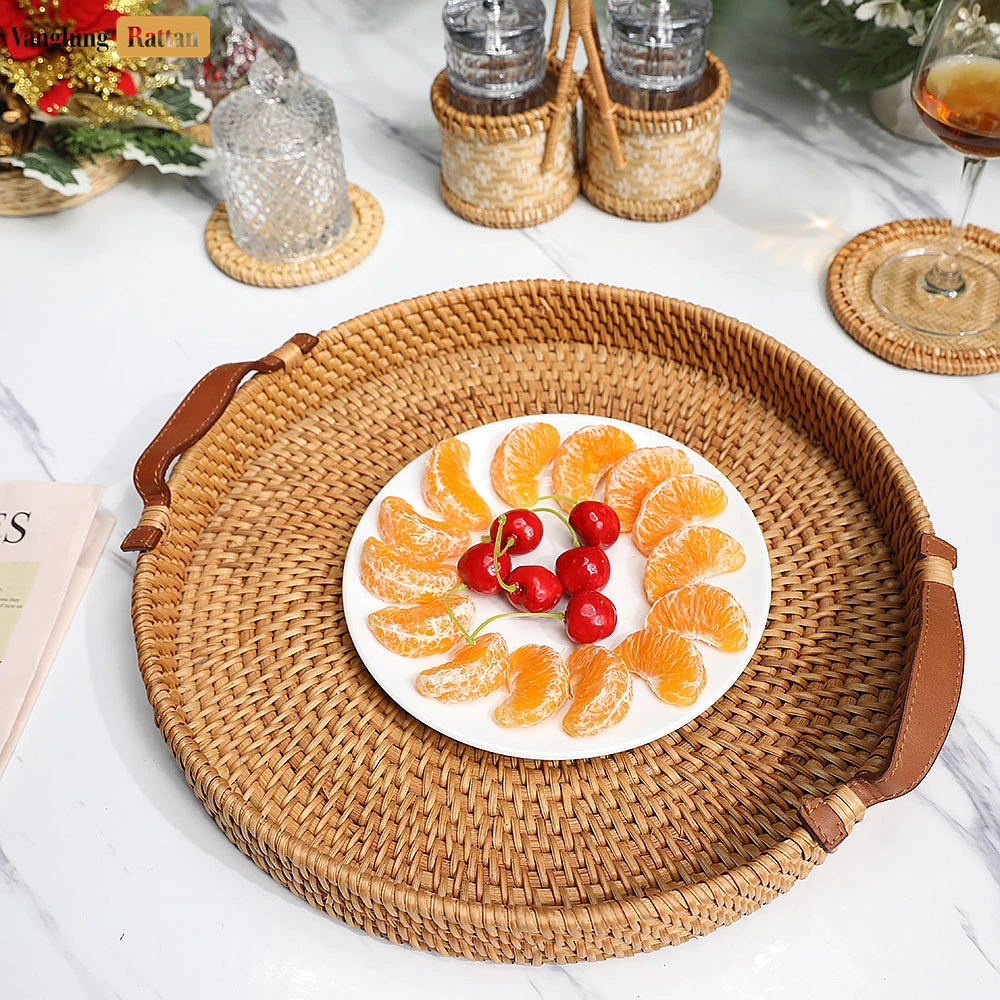 Round Handwoven Straw Rattan Serving Tray with Tan Leather Strap Handles - STRO011000 - 🌾 Product Overview