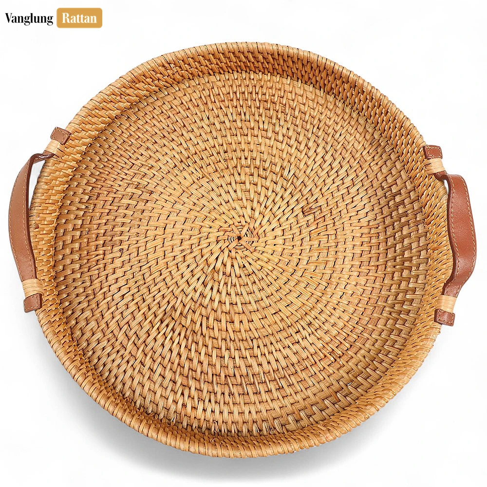 Round Handwoven Straw Rattan Serving Tray with Tan Leather Strap Handles - STRO011000 - 🏠 Applications
