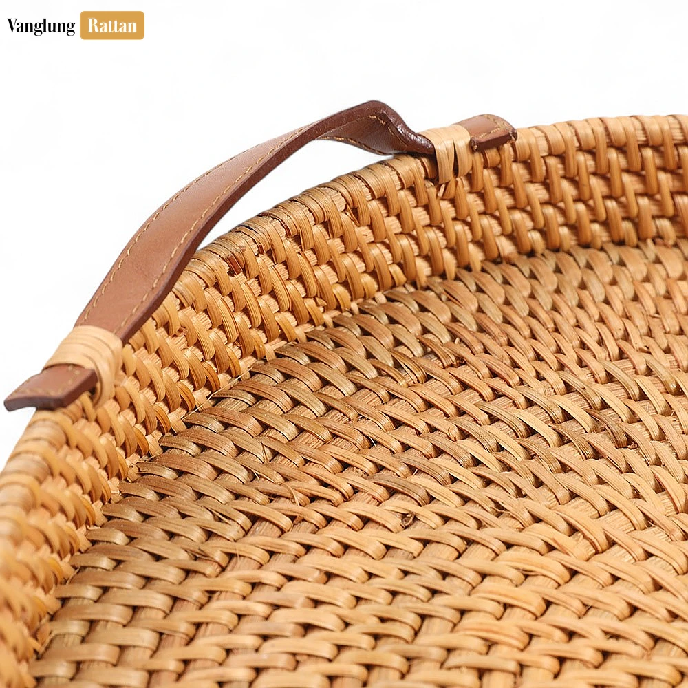 Round Handwoven Straw Rattan Serving Tray with Tan Leather Strap Handles - STRO011000 - ✨ Product Highlights
