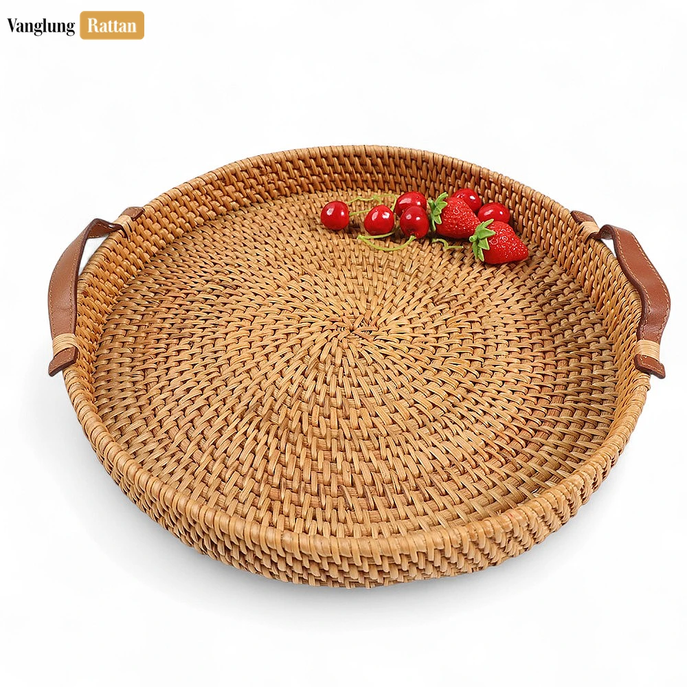Round Handwoven Straw Rattan Serving Tray with Tan Leather Strap Handles - STRO011000 - 🏆 Why Choose VanglungRattan