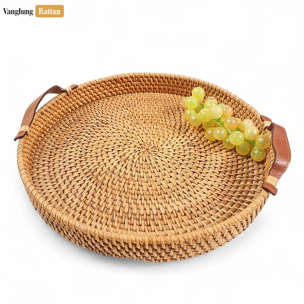Round Handwoven Straw Rattan Serving Tray with Tan Leather Strap Handles - STRO011000 - ❓ Frequently Asked Questions