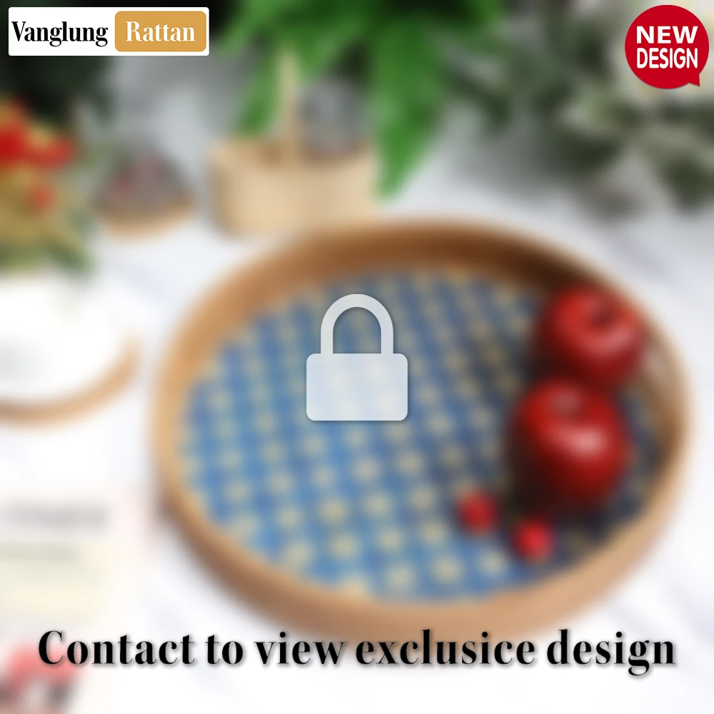 Round Honey Handwoven Bamboo Rattan Handles Serving Tray with Blue Natural Diamond Weave - STRO013003HB-2.webp