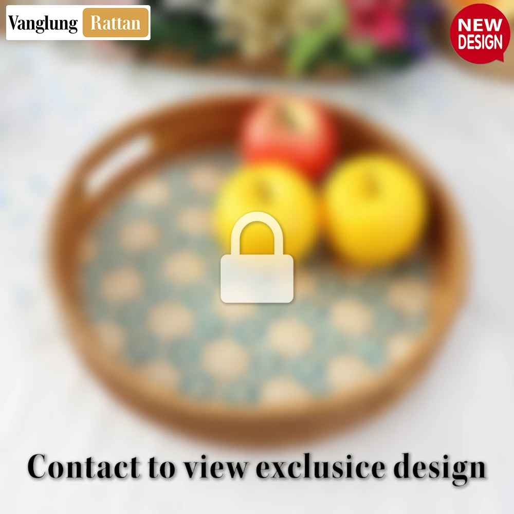 Round Natural Handwoven Bamboo Rattan Handles Serving Tray with Blue Geometric Weave - STRO013003BL-2.webp