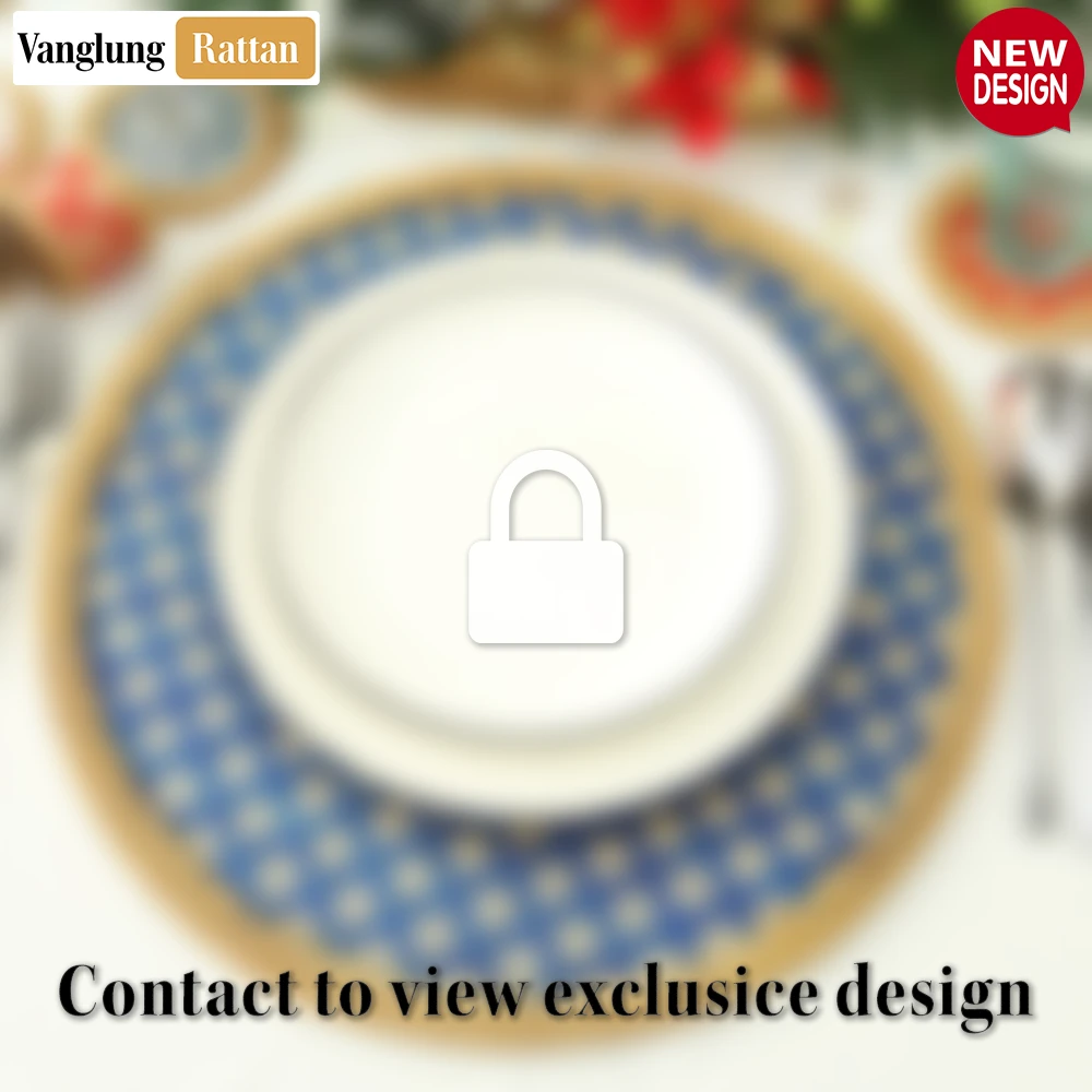 Round Natural Handwoven Bamboo Rattan Placemat with Blue Geometric Diamond Pattern - UP054020 - 🏠 Applications