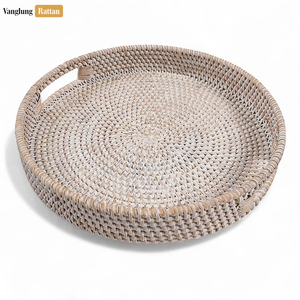 White Wash Circular Straw Rattan Serving Tray with Integrated Handles - STRO011001WW - 🌾 White Wash Circular Straw Rattan Serving Tray with Integrated Handles - STRO011001WW