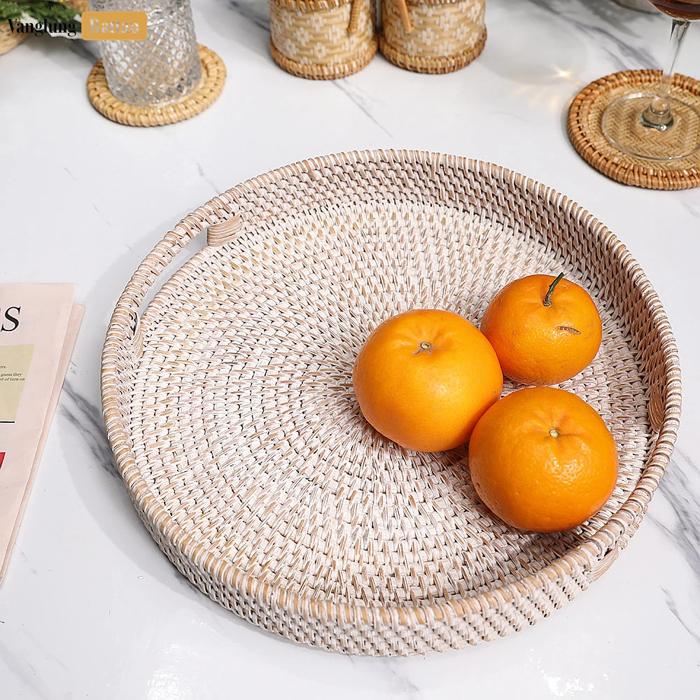 White Wash Circular Straw Rattan Serving Tray with Integrated Handles - STRO011001WW - 🎯 Product Overview