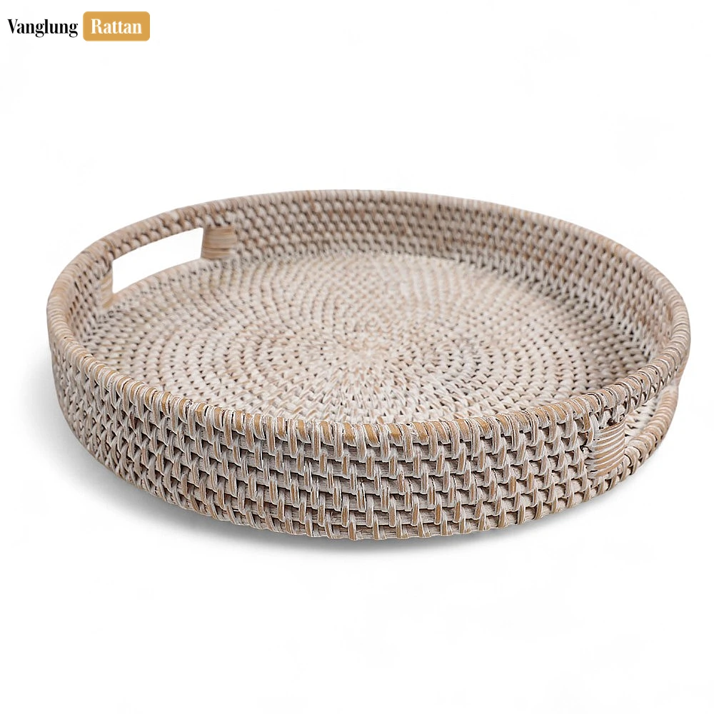 White Wash Circular Straw Rattan Serving Tray with Integrated Handles - STRO011001WW - 🏠 Applications