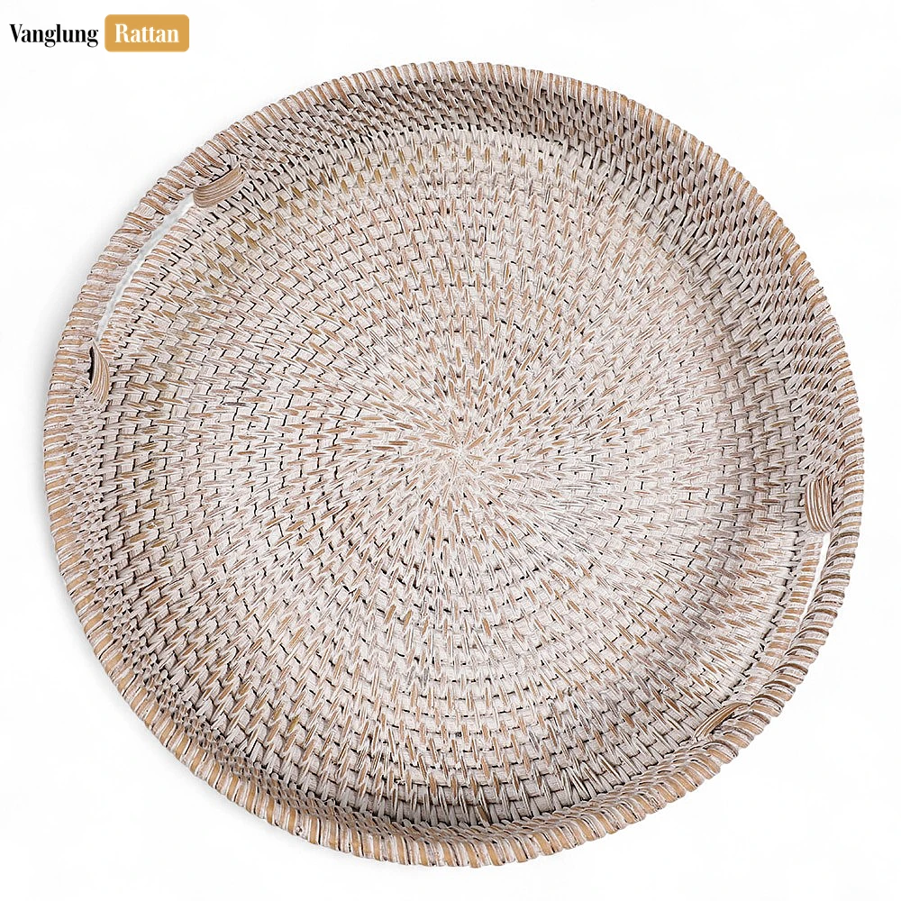 White Wash Circular Straw Rattan Serving Tray with Integrated Handles - STRO011001WW - ⭐ Product Highlights