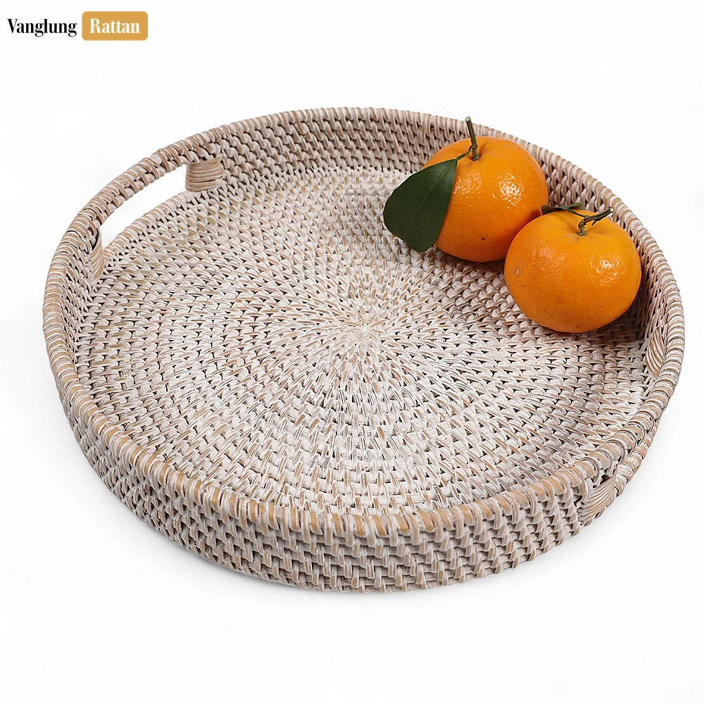 White Wash Circular Straw Rattan Serving Tray with Integrated Handles - STRO011001WW - 🏆 Why Choose VanglungRattan?
