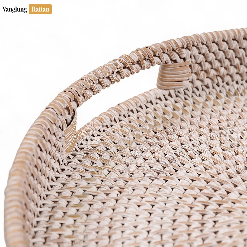 White Wash Circular Straw Rattan Serving Tray with Integrated Handles - STRO011001WW - Q: How do I clean and maintain my white wash rattan serving tray?