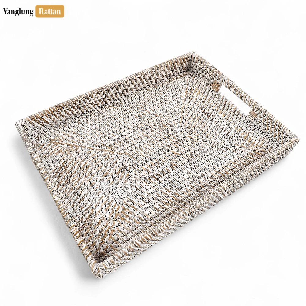 White Wash Handwoven Rectangle Straw Rattan Handles Serving Tray with Fine Weave - STCN011002WW - 🌾 White Wash Handwoven Rectangle Straw Rattan Handles Serving Tray with Fine Weave - STCN011002WW