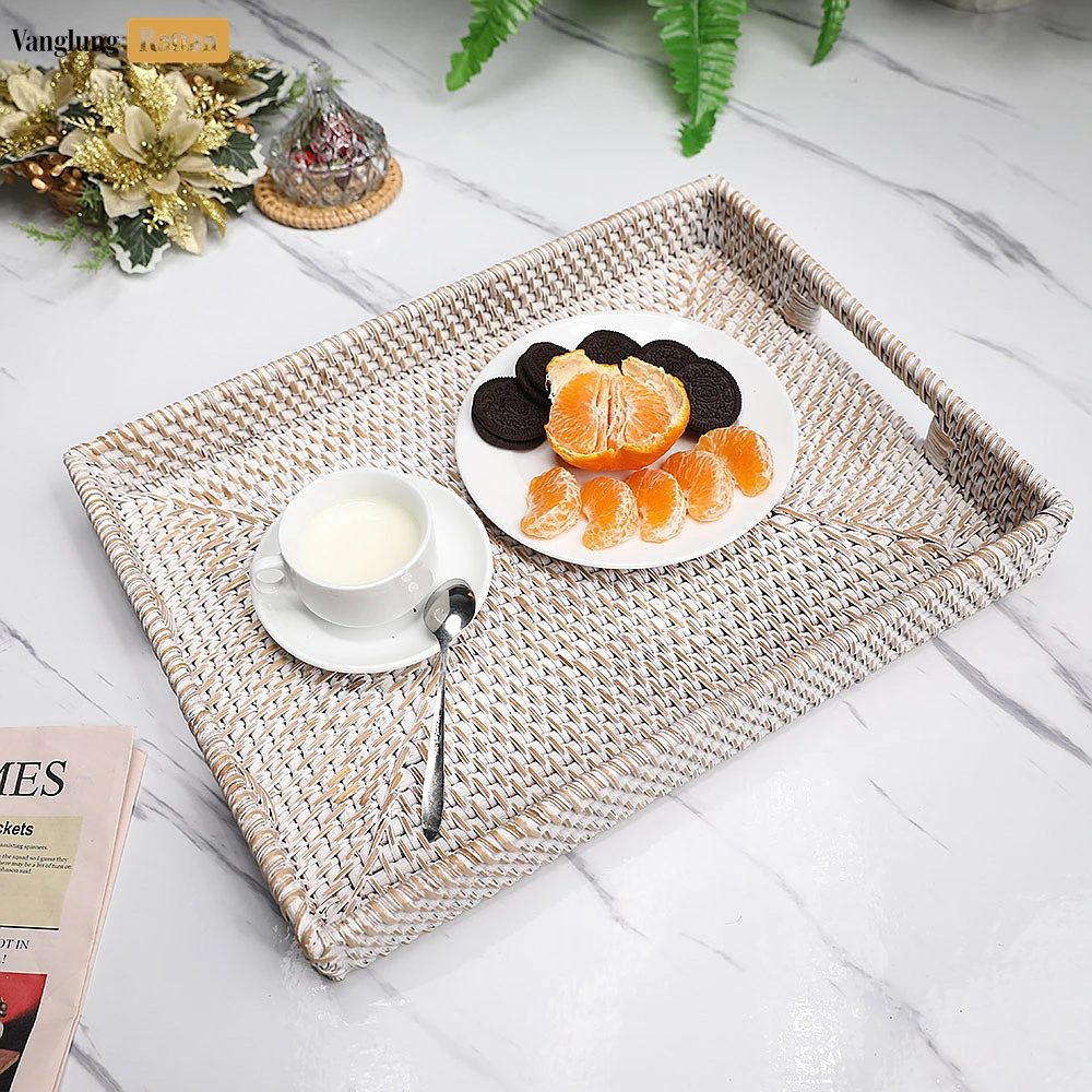 White Wash Handwoven Rectangle Straw Rattan Handles Serving Tray with Fine Weave - STCN011002WW - 🎨 Product Overview