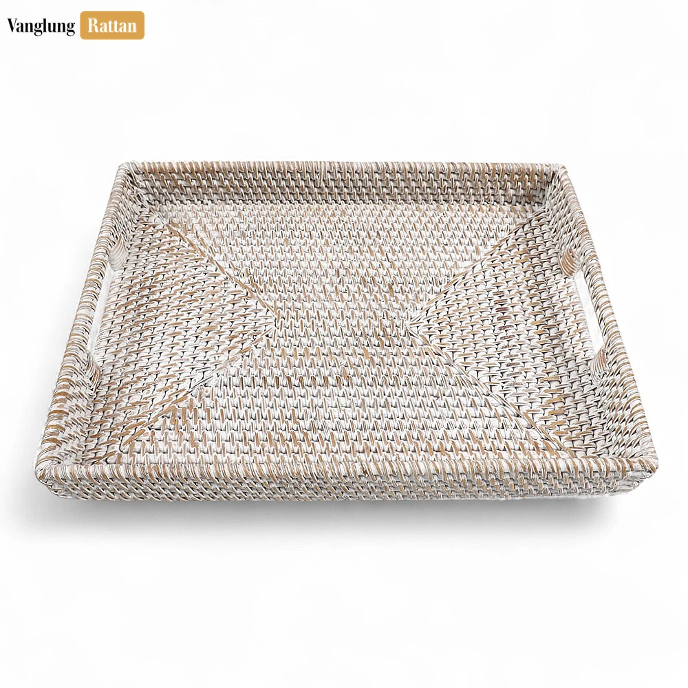 White Wash Handwoven Rectangle Straw Rattan Handles Serving Tray with Fine Weave - STCN011002WW - 🏡 Applications