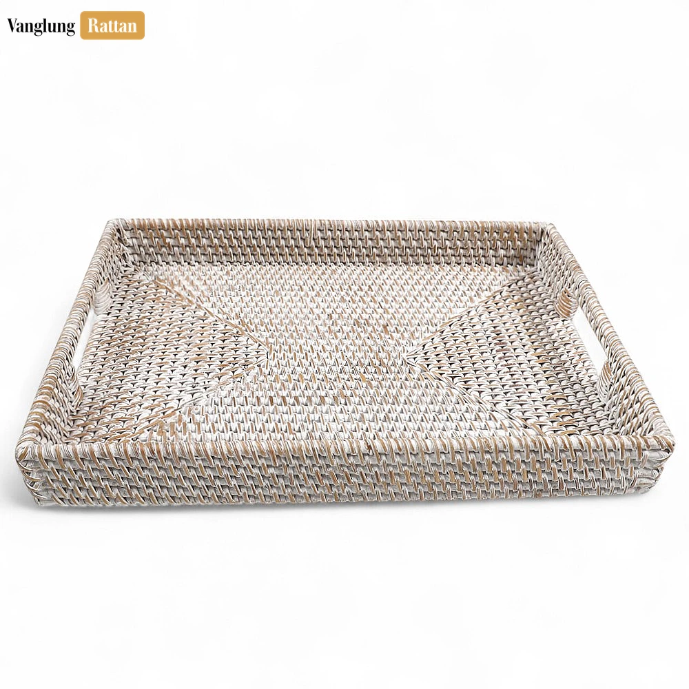 White Wash Handwoven Rectangle Straw Rattan Handles Serving Tray with Fine Weave - STCN011002WW - ⭐ Product Highlights