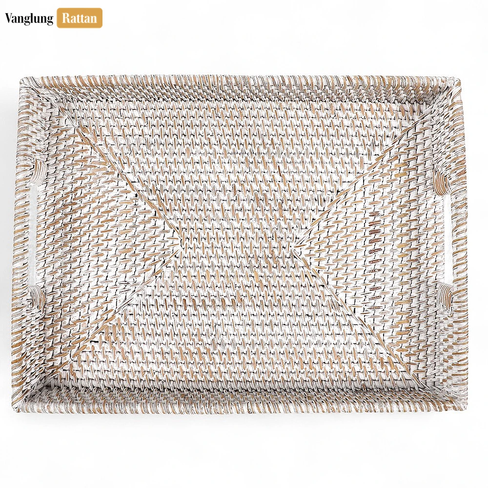 White Wash Handwoven Rectangle Straw Rattan Handles Serving Tray with Fine Weave - STCN011002WW - 🏆 Why Choose VanglungRattan