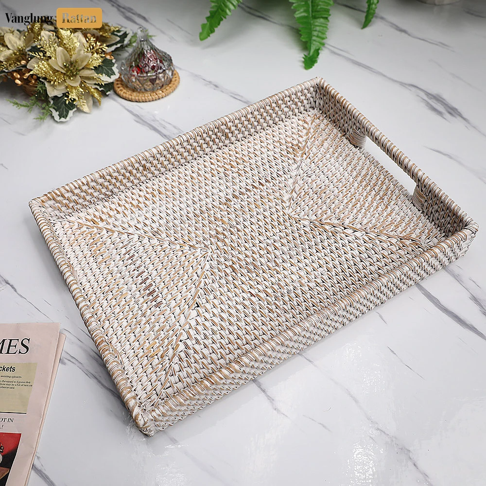 White Wash Handwoven Rectangle Straw Rattan Handles Serving Tray with Fine Weave - STCN011002WW - Q: How do I clean and maintain my straw rattan serving tray?