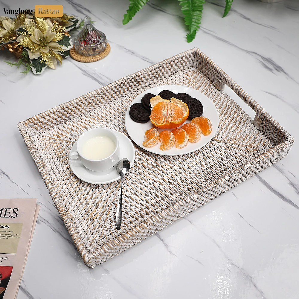White Wash Handwoven Rectangle Straw Rattan Handles Serving Tray with Fine Weave - STCN011002WW - Q: Is this tray suitable for hot items like coffee pots or heated dishes?