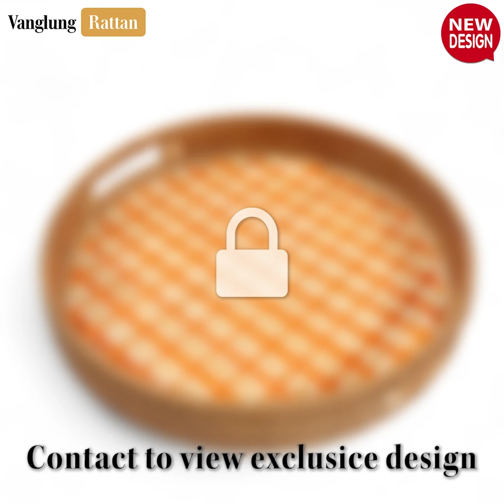 Round Handwoven Bamboo Rattan Handles Serving Tray with Orange Checkered Weave - STRO013003OR-1.webp