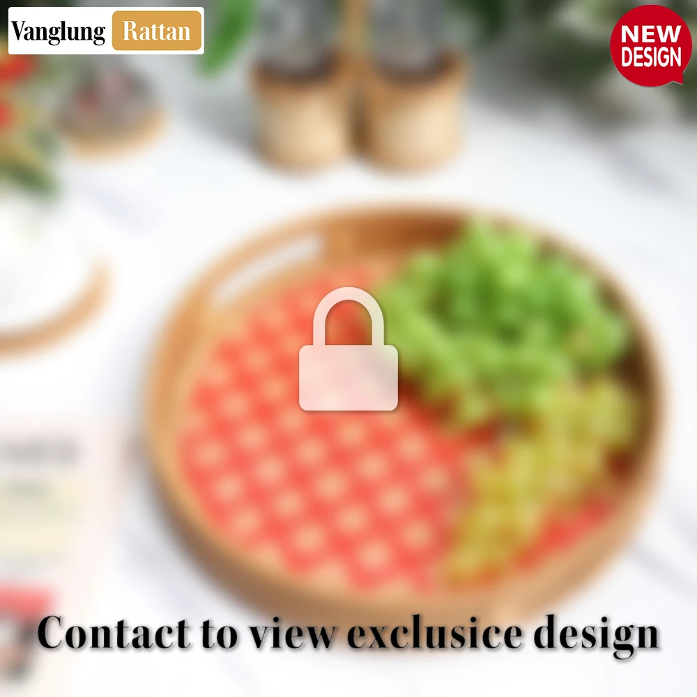 Round Handwoven Bamboo Rattan Handles Serving Tray with Red and Natural Diamond Pattern - STRO013003RE-2.webp