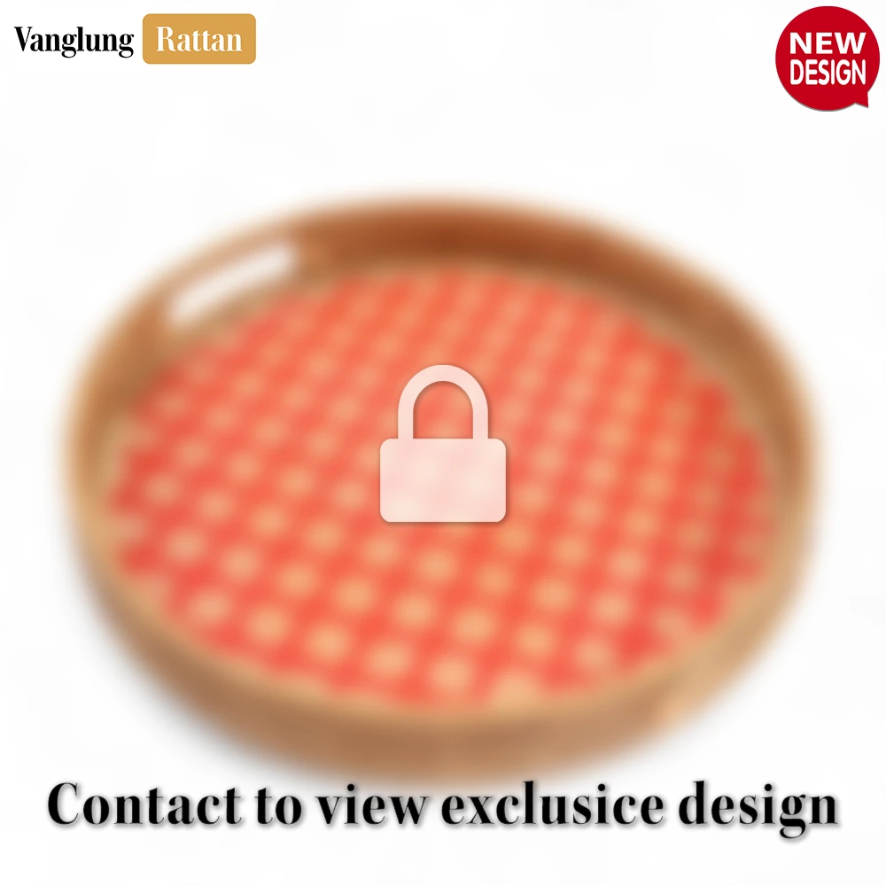 Round Handwoven Bamboo Rattan Handles Serving Tray with Red and Natural Diamond Pattern - STRO013003REB-1.webp