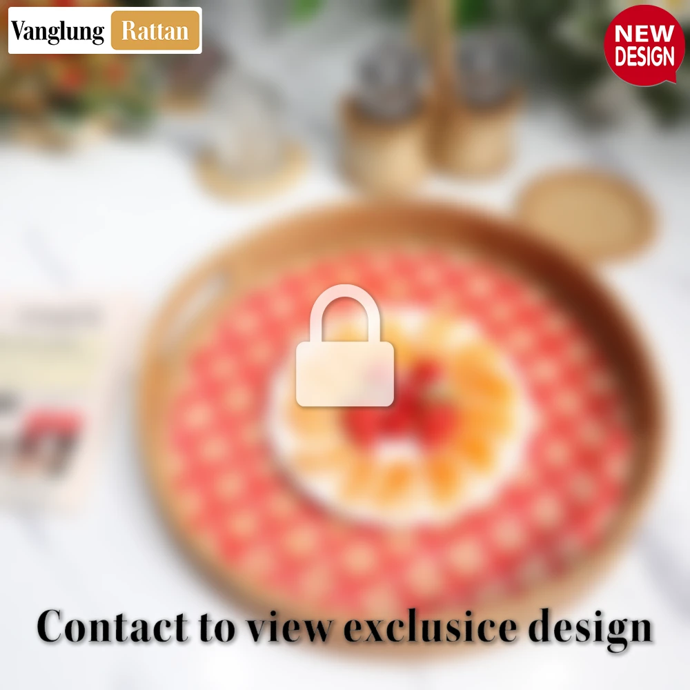 Round Handwoven Bamboo Rattan Handles Serving Tray with Red and Natural Diamond Pattern - STRO013003REB-2.webp
