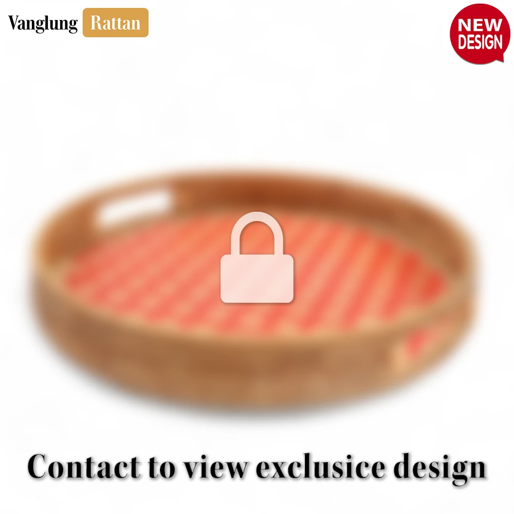 Round Handwoven Bamboo Rattan Handles Serving Tray with Red and Natural Diamond Pattern - STRO013003REB - 🏠 Applications