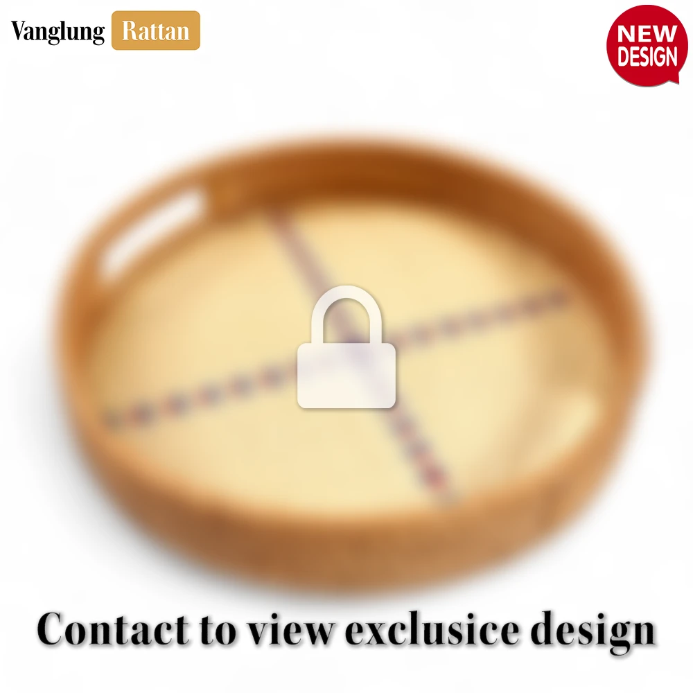Round Honey Handwoven Bamboo Rattan Handles Serving Tray with Natural Twilled Twos Weave and Cross Blue and Red Pattern - STRO013003HS-1.webp